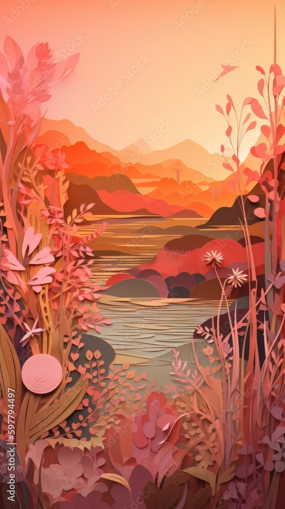 Autumn nature, landscape art paper cut. Generative AI