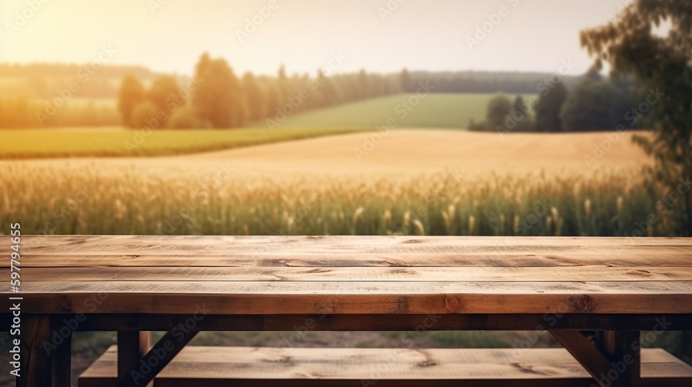 Fototapeta premium Empty wooden table for product display background, banner and product advertisement mock up with a beautiful field behind, AI generated