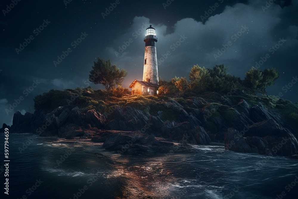 Nighttime painting of lighthouse on island. Generative AI