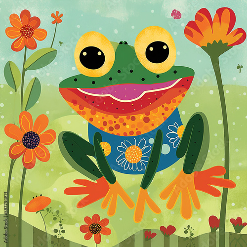 A Happy Frog Vector Style Illustration Colorful Floral Background Generative Ai Digital Illustration Part 290423