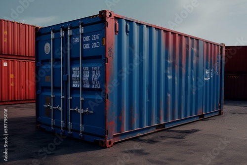 A closed 20ft sea container in blue used for freight transportation services made from metal, with a red color. An illustrated 3D image from sea tare production concept. Generative AI