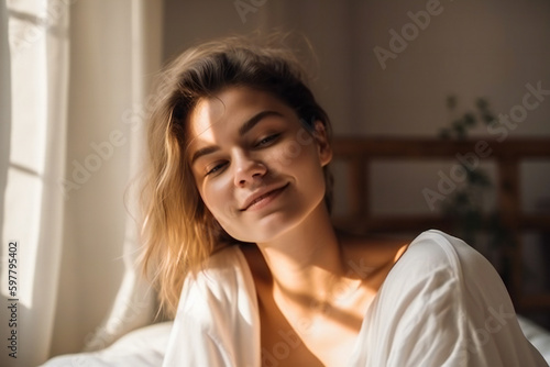 Young woman waking up in a sunny morning. Created with Generative AI technology. © Adrian Grosu