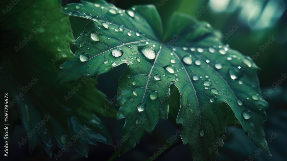 Close up view of raindrops on green leaf. Generative AI Close up view of raindrops on green leaf. Generative AI