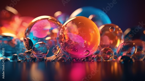 A variety of multicoloured circular glowing and translucent floating spheres . Created by generative ai © Creation    Art