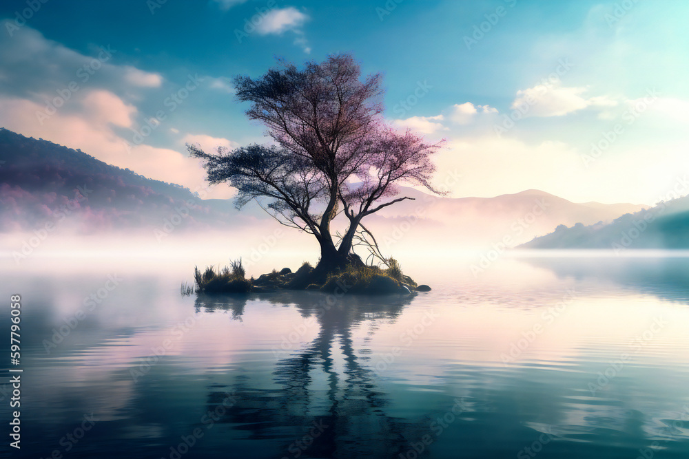 Illustration of a lone tree on a lake. Isolation and loneliness concept. Created with Generative AI technology.