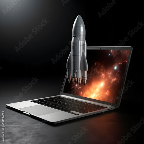 Rocket launch from laptop screen. Rocket taking off. Business Start up, Launching new product or service. Successful start-up launch new business project created with Generative AI technology.