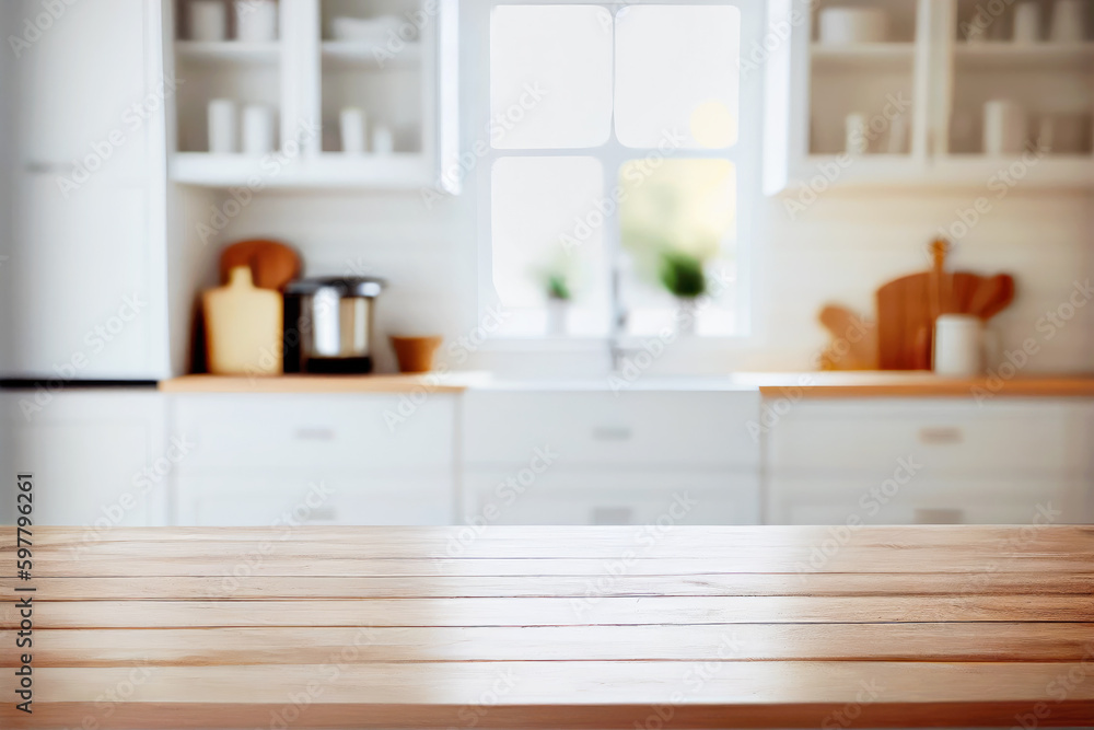 Kitchen wooden table top and kitchen room as background. Empty tabletop over defocused background. Natural template for product display. Generative ai.