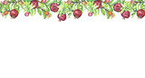 Watercolor illustration banner, border of ripe pomegranates and green branches with leaves isolated on transparent background