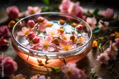 Illustration of pink flowers in a vase. Health and spa concept. Created with Generative AI technology.