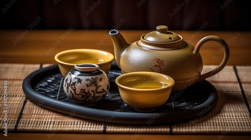 Japanese Tea - Hot Teapot And Teacups On Bamboo Mat, generative ai Japanese Tea - Hot Teapot And Teacups On Bamboo Mat, generative ai