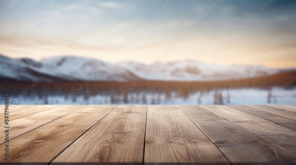 Empty wooden table for product display background, banner and product advertisement mock up with beautiful snowy mountains behind, AI generated Empty wooden table for product display background, banner and product advertisement mock up with beautiful snowy mountains behind, AI generated