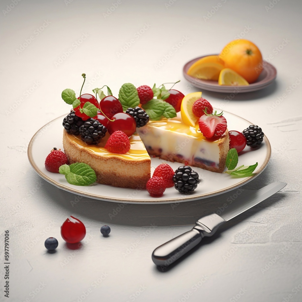 Classic cheesecake with berries or fruits, slice on a plate. Generative AI. Classic cheesecake with berries or fruits, slice on a plate. Generative AI.