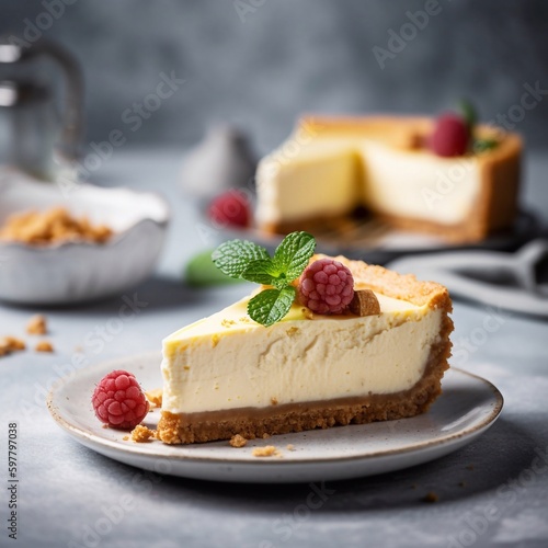 Classic cheesecake with berries or fruits  slice on a plate. Generative AI.