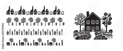 Quirky house with group of forest borders in vector motif organic style. Hand drawn whimsical linocut cityscape house for rural graphic.