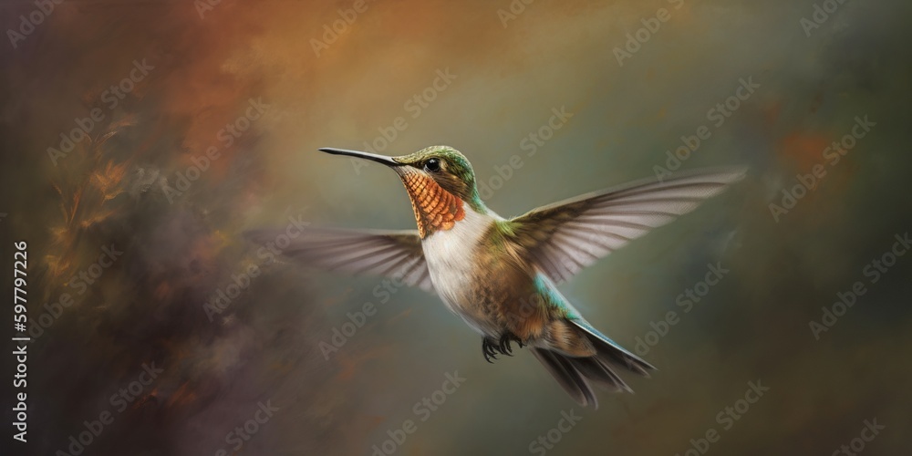 Fototapeta premium A hummingbird frozen mid-flight, contrasting its rapid wingbeats against a serene, pastel canvas, concept of Motionlessness, created with Generative AI technology
