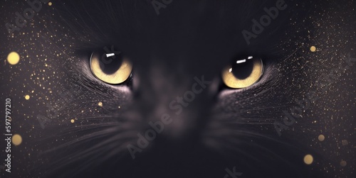 Black cat eyes with shining gold dust background. Generative AI.