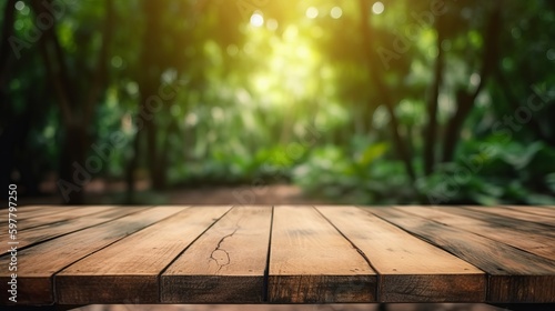 Wooden table top and green trees blurred background. Generative AI