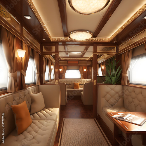 interior of luxury old train carriage created with Generative AI technology. © Vahram
