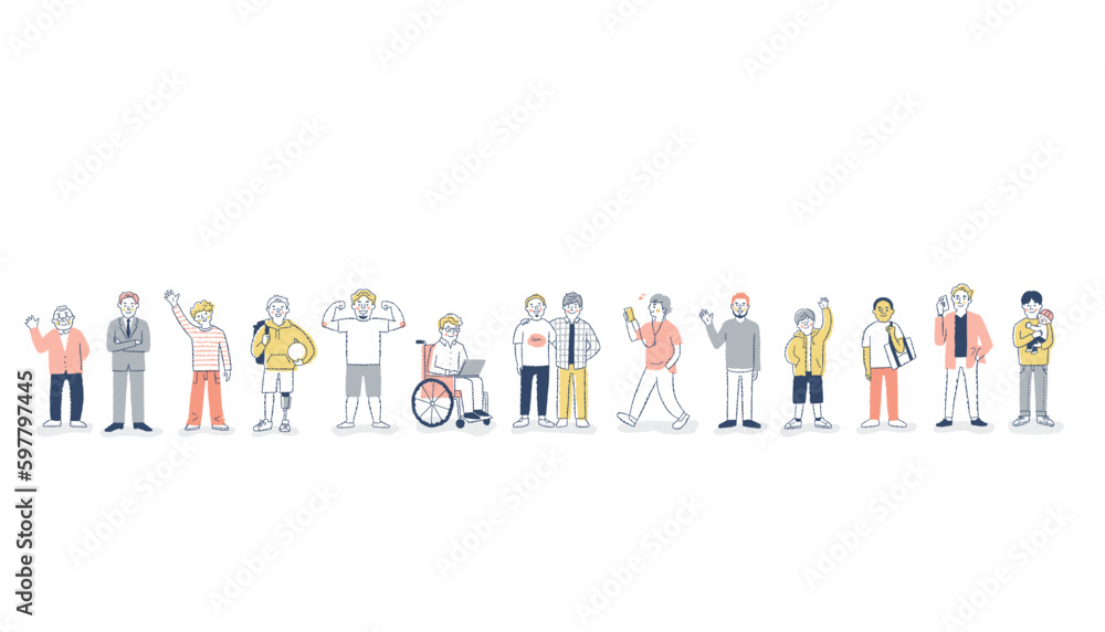 さまざまな世代の大勢の男性 横並び さまざまな世代の大勢の男性 横並び