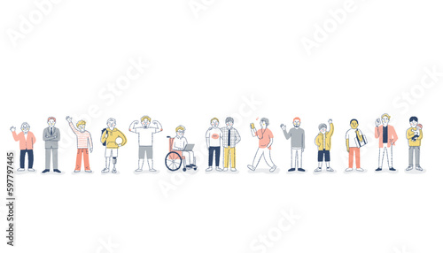 さまざまな世代の大勢の男性　横並び