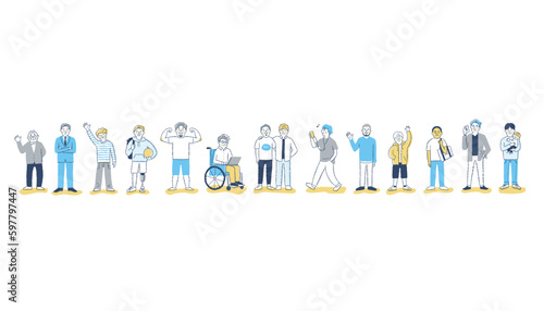 さまざまな世代の大勢の男性　横並び