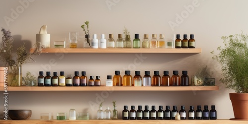 Neatly arranged shelf of essential oils and herbs, illustrating the art of natural remedies, concept of Organic living essentials, created with Generative AI technology photo