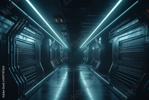Futuristic dark hall with neon lights  smoke and grunge concrete. Empty gallery room with white glowing spotlights. 3D rendered tunnel corridor. Generative AI