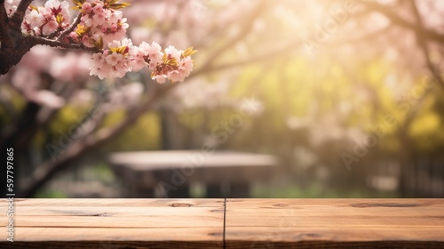 Empty wooden table for product display background, banner and product advertisement mock up with a beautiful cherry blossom behind, AI generated