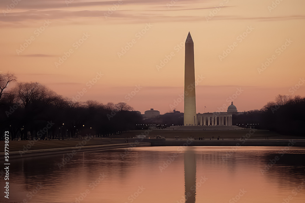 Washington Monument with sunrise , Washington DC, USA. AI