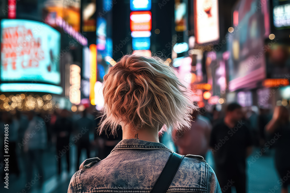 Young beautiful woman walking in Time square, Manhattan. AI