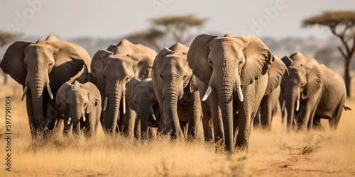 A herd of elephants walking together across the savanna, concept of Animal migration, created with Generative AI technology