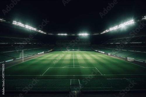 Lit-up green stadium with spotlights shining on soccer field. Generative AI