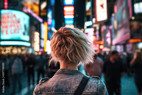 Young beautiful woman walking in Time square, Manhattan. AI