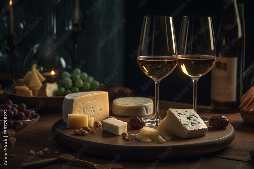 Design featuring wine glasses and cheese. Generative AI