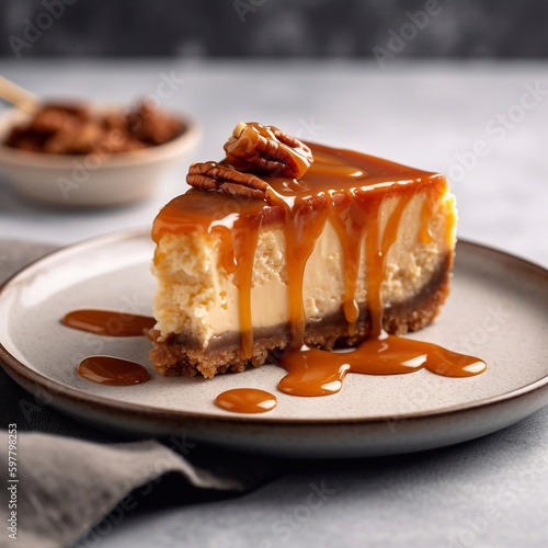 Classic cheesecake with caramel on a plate. Generative AI.