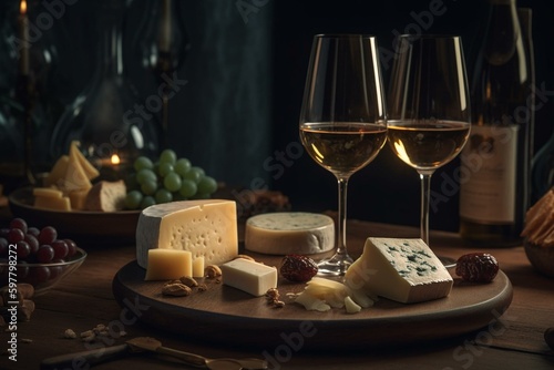 Design featuring wine glasses and cheese. Generative AI