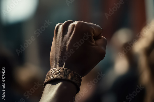 A black man raises his fist to the sky during a protest against racial discrimation. Black Lives Matter, AI