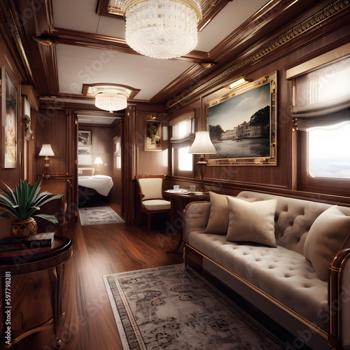 the interior of an abandoned train created with Generative AI technology. photo