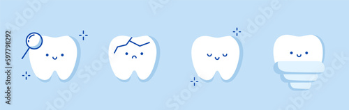 Set of cute tooth emoji and emoticons with different facial expressions. A set of funny teeth for children's dentistry. Tooth with magnifying glass, cracked tooth, healthy, implant