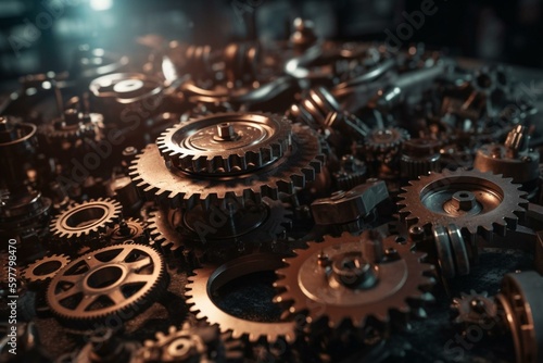 Panoramic banner featuring gears symbolizing business success and economy. Keywords: industry, gearbox, success, economy, concept, background, panoramic, banner, gears, symbolizing. Generative AI