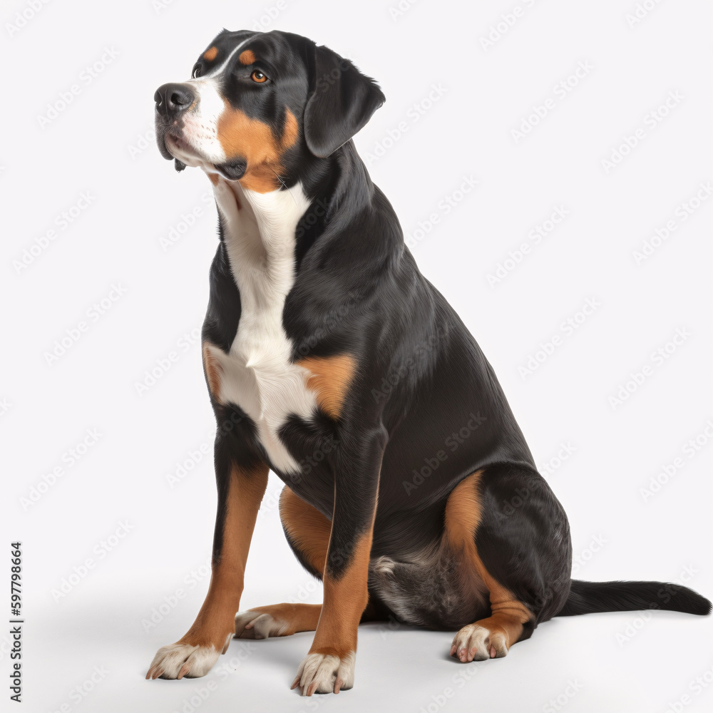 Greater Swiss Mountain Dog breed dog isolated on white background