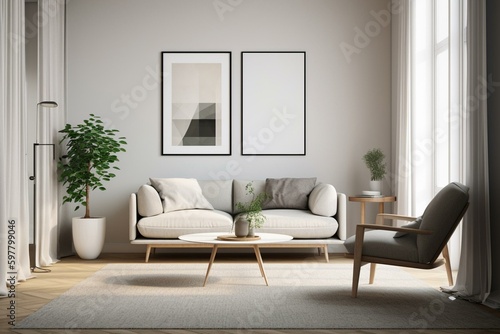 Minimalist modern living room with a blank frame mockup. Illustration. Generative AI