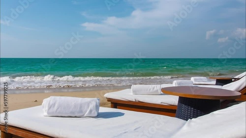 vacation at the blue ocean paradise beach in Thailand. blue sky sandy beach with a relaxation vipe in summer holiday season. taking vacation to tropical sea and refreshing in the nature. luxury hotel photo