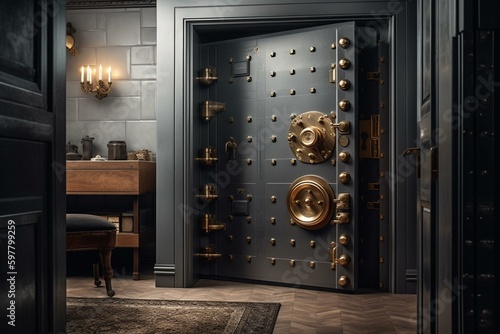 A centrally locked golden grey door beside safes and vaults. Generative AI