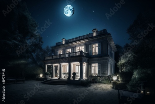 The villa in moonlight. Generative AI
