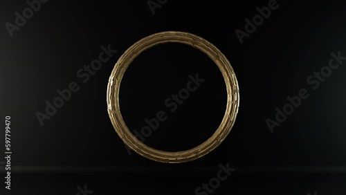 Animation of a ring formed by cubes. Realistic 3d render of golden particles exploding, forming a donut shape elegant ring. Luxury gold design on dark background. Intro outro presentation for a logo