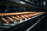 Eggs on a conveyor belt in a factory. Generative AI
