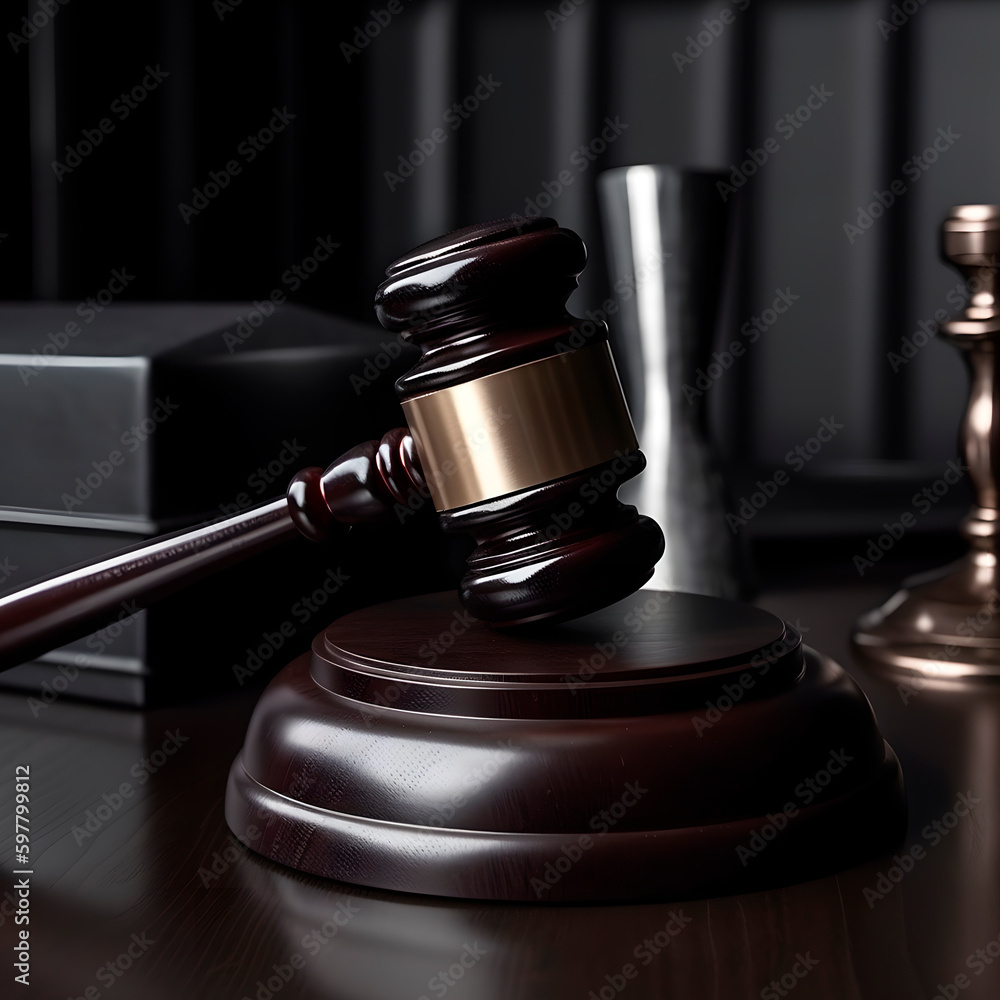 Judge gavel and scales of justice and dark background created with Generative AI technology. Judge gavel and scales of justice and dark background created with Generative AI technology.