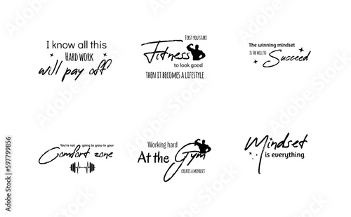Set hand lettering inscriptions about fitness to motivation quotes posters, black and white inspirational text, calligraphy vector illustration collection