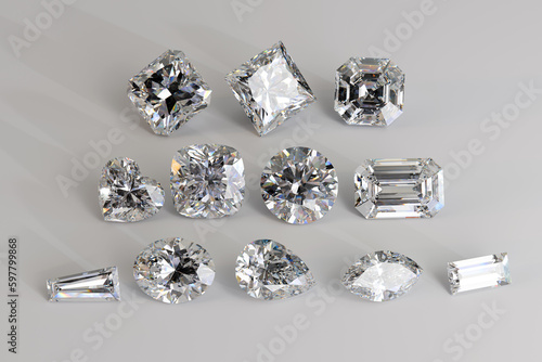 Ten diamonds of popular shapes on white background. 3d illustration
